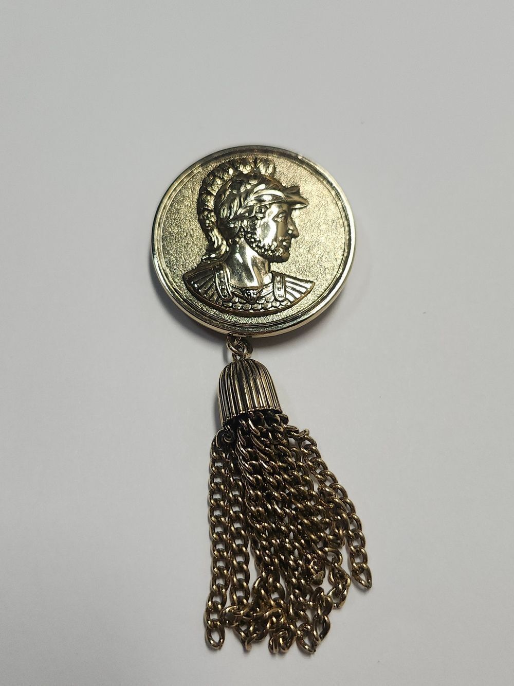 Sarah Coventry Medallion Coin Brooch with Tassel Gold Tone Vintage